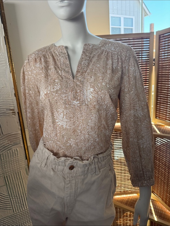 LOFT Tops - LOFT Beige Floral Split-Neck Blouse N0349